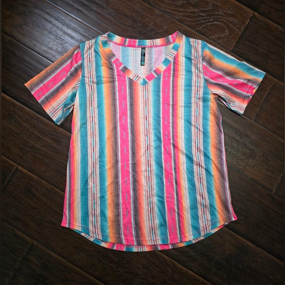 Sterling Kreek Womens Striped Western Wear V Neck Top Medium